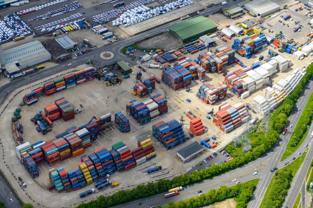 Shipping container yard on the docks in Southampton.